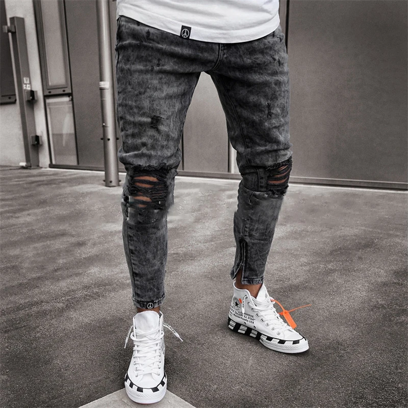 

2019 Jeans Men Spring MenClothes Denim Pants Distressed Slim Fit Casual Trousers Stretch Ripped Jeans