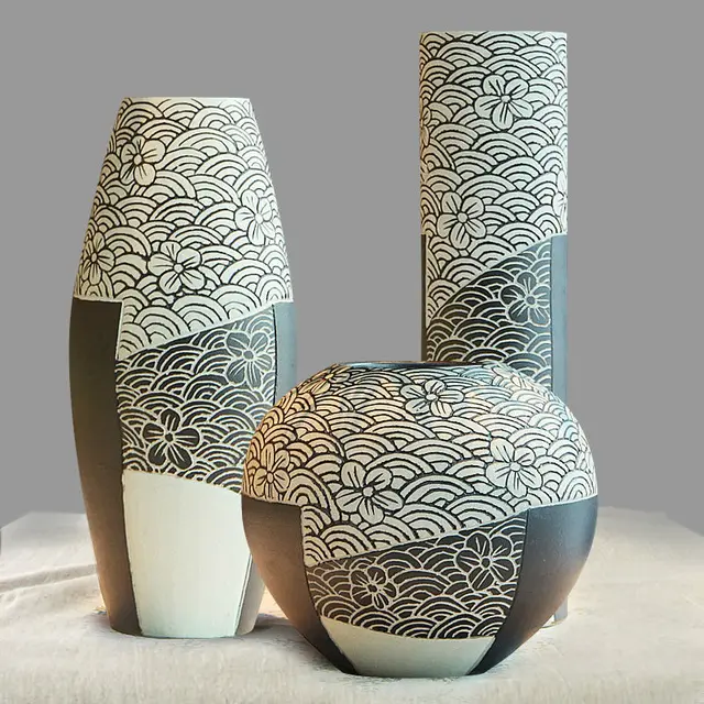 Ceramic Porcelain Tabletop Vase Collection Set (3 Pcs) with Simple Wave