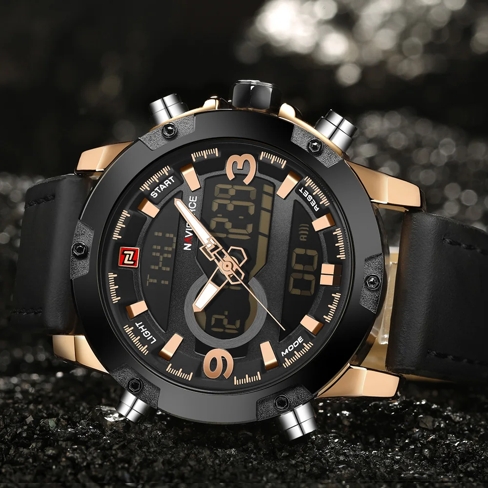  NAVIFORCE Original Luxury Brand Leather Quartz Watch Men Clock Digital LED Army Military Sport Wris