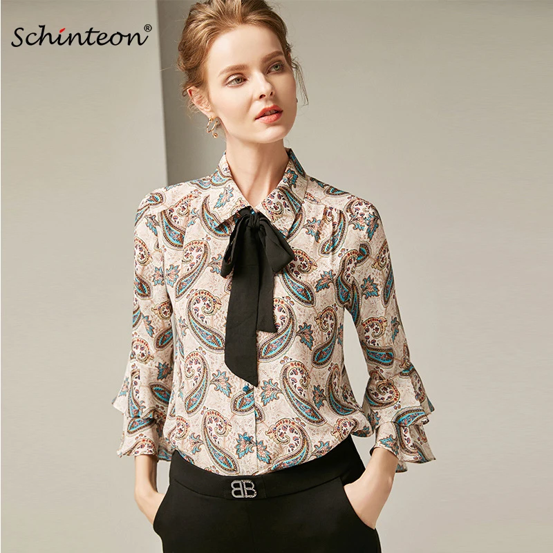 

Schinteon 2019 100% Genuine Real Silk Women Blouse Turn-Down Collar Flare Sleeve Slim Shirt Top New Arrival