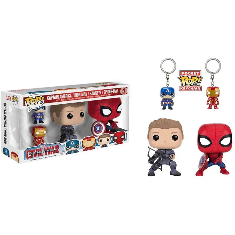 

Funko POP & Pocket POP Civil War: Captain America, Iron Man, Hawkeye, SpiderMan 4 Pack Action Figures Collectible Model Toy