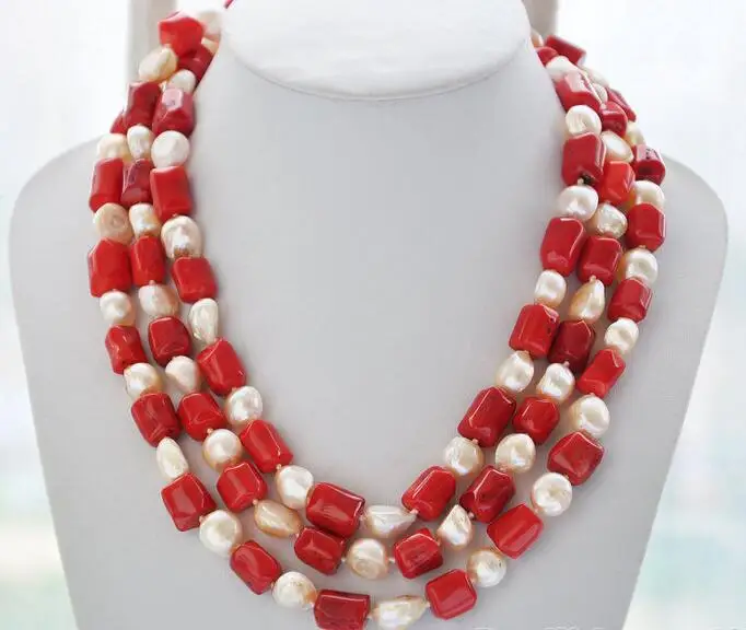 

3358 cylindrical red coral baroque pink fw pearl necklace
