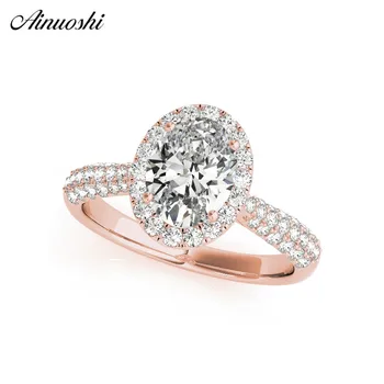 

AINUOSHI 925 Sterling Silver 1ct Oval Cut Halo Rings Women Wedding Rose Gold Color Silver Rings Lovely Gifts anillo de mujer