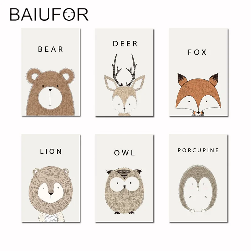 BAIUFOR Cartoon Animals Bear Fox Wall Art Canvas Nordic Poster Nursery Prints Painting Picture Baby Bedroom Home Decoration