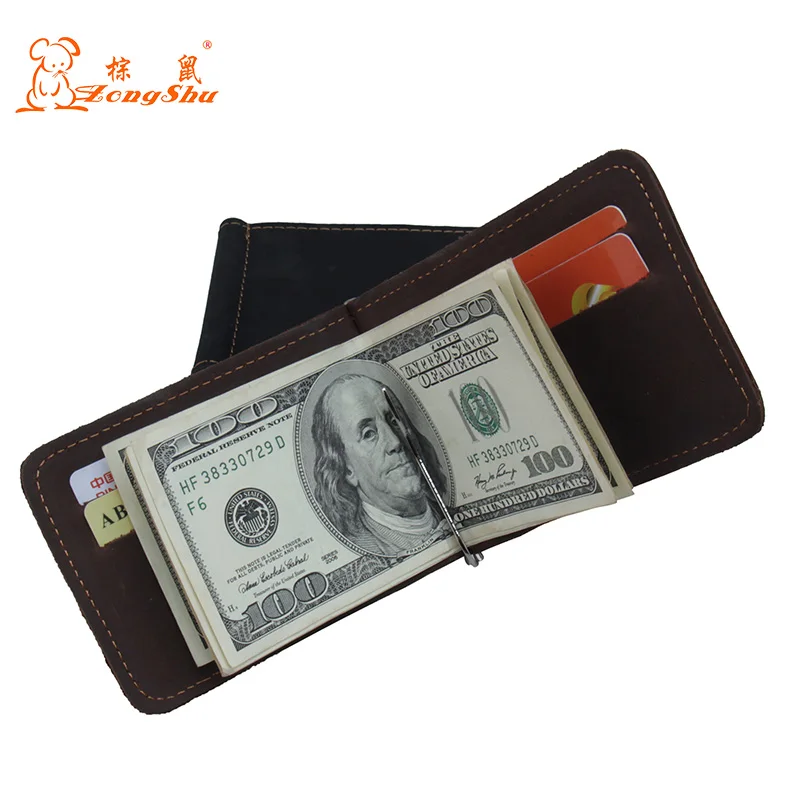 

Hommes spring mens travel fashion vintage genuine leather wallet custom stainless steel money clip