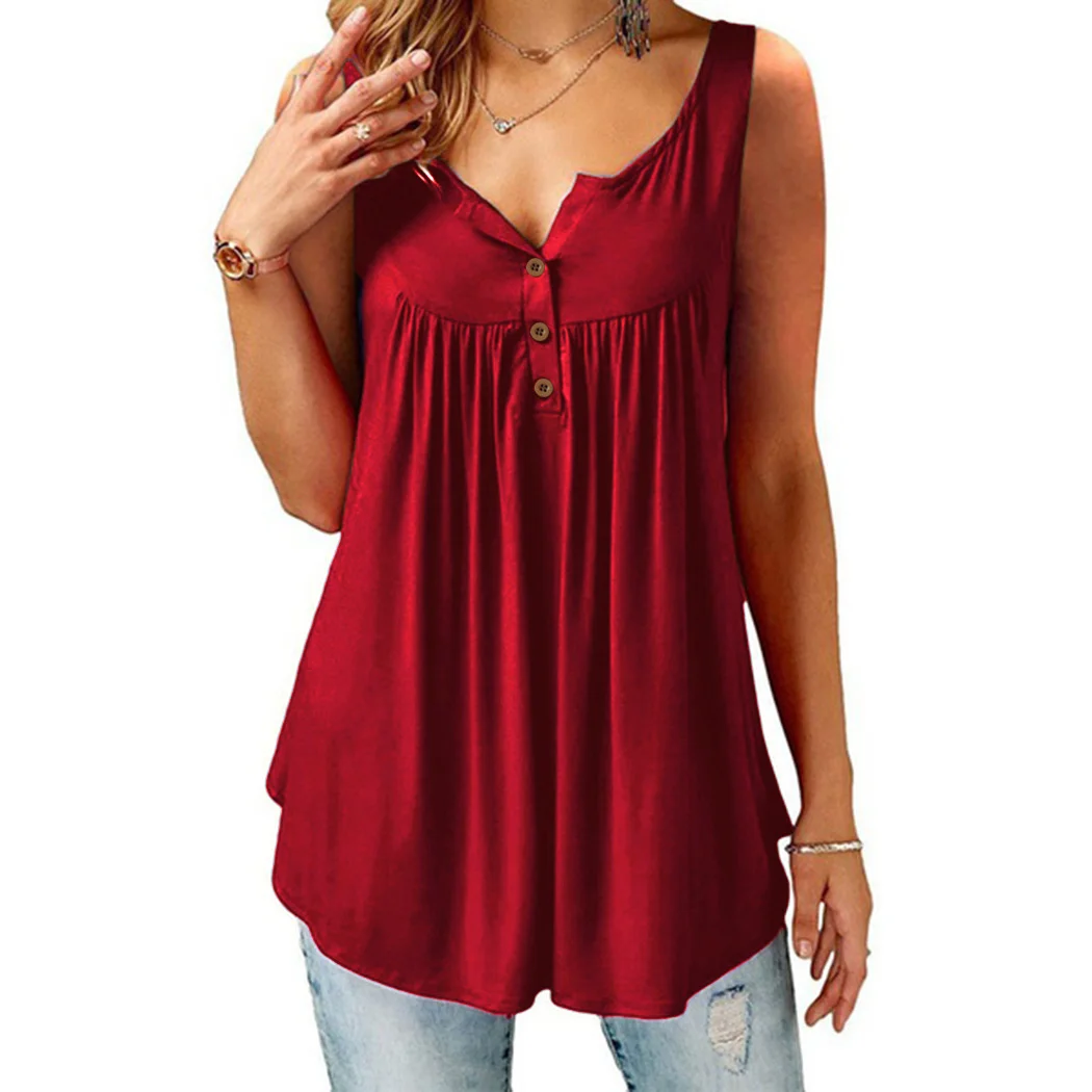 Wine Femmes Mode red Lâche Été Plus cadetblue Solide cou Manches De Blouses Bouton V Blusas Plis Sans Black Couleur Dames Débardeurs Chemises Taille Bureau xqYqOAwg