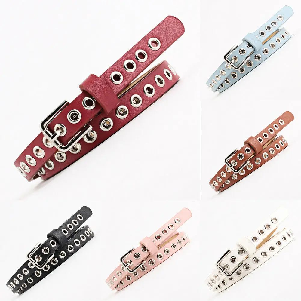 

New Women Pu Leather Belt with Rivet Studded Single Grommet Holes Waist Belts