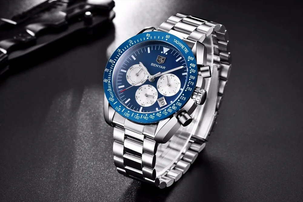 BENYAR Повседневный модный хронограф из нержавеющей стали часы мужские высококачественные Бизнес Кварцевые наручные часы для мужчин Relogio Masculino
