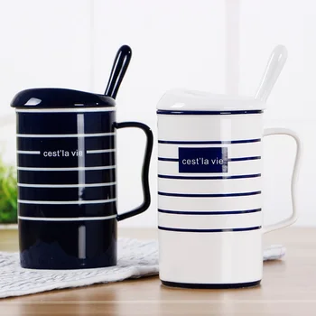 

matte black coffee mug european coffee cupsKorean version cup striped ceramic cup covered with spoon mug black matte coffee cup