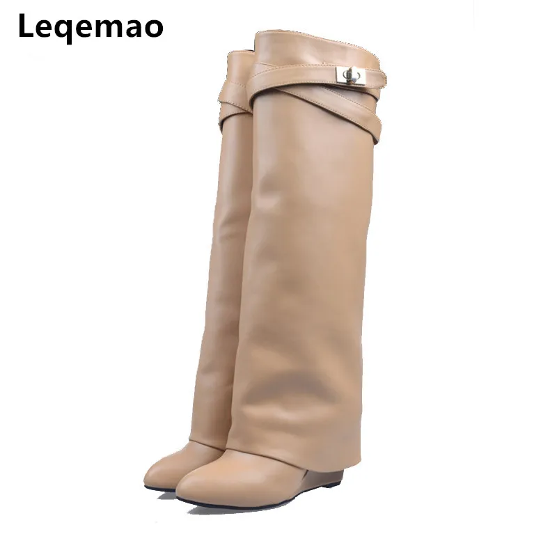 Fashion Women Genuine Leather Wedge Knee High Boots Silver Metal Shark Lock Belt Layer Shoes High Heels Knight Boots Size 35-42 Fashion Women Genuine Leather Wedge Knee High Boots Silver Metal Shark Lock Belt Layer Shoes High Heels Knight Boots Size 35-42
