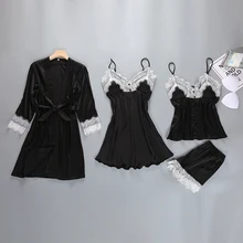 4 шт. Сексуальная шелковая, сатиновая Пижама комплект кружевной халат в сетку с закрытой грудью+ рубашки+ топ+ шорты модная ночная рубашка набор для Для женщин