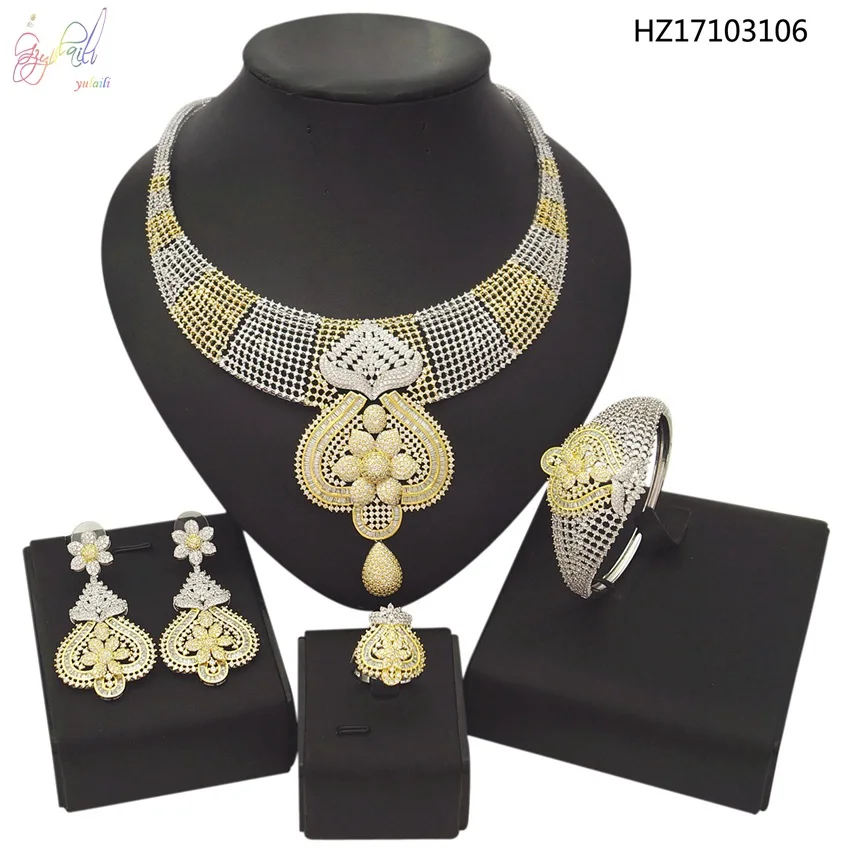 

YULAILI Free Shipping Wedding Jewelry Set Two Tone Color Cubic Zircon Necklace/Bangle/Earring/Ring Costume Accessories