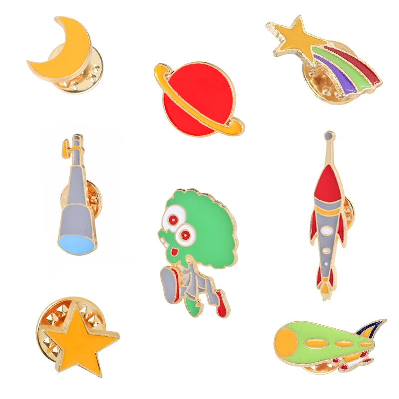 

Cartoon Cosmic Brooches Enamel Pins Moon Star Rocket Planet Spaceship Jackets Lapel Pin Clothes Badge Men Women Jewelry Kid Gift