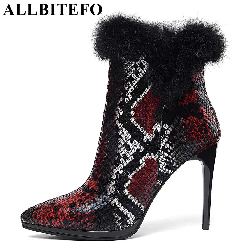 

ALLBITEFO natural genuine leather + real Rabbit's hair women boots Snake texture design winter fashion girls motorcycle boots