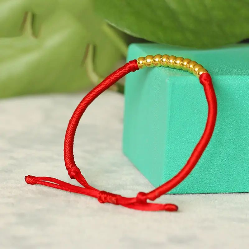 

999 24K Yellow Gold Bracelet Women & Men Bless weave With 10 PCS Bead 6.7"L