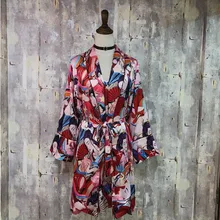 В свободном доступе! Весенне-летняя Женская атласная Шелковая пижама с принтом из двух предметов, Сексуальный Слинг+ халат, длинная Пижама с рукавами, Халат