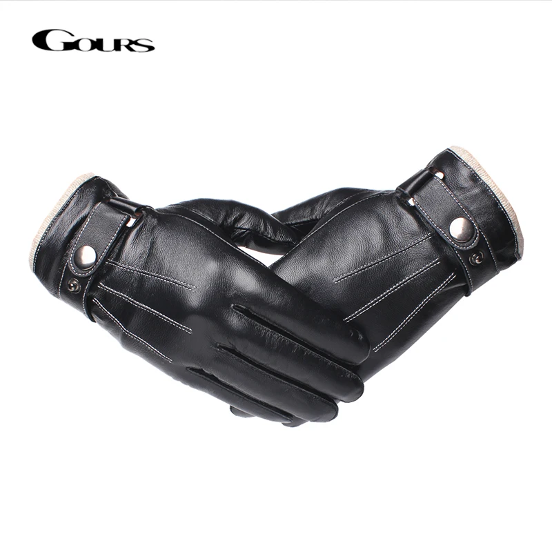 

Gours Men's Genuine Leather Gloves Fashion Black Touch Screen Sheepskin Finger Gloves with Wool Lining Warm In Winter New GSM053