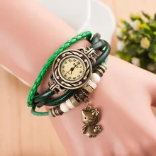 Little skirt kitten Pendant Leather Strap Wooden beads decoration Retro Casual watch Women bracelet quratz wristwatch ladies
