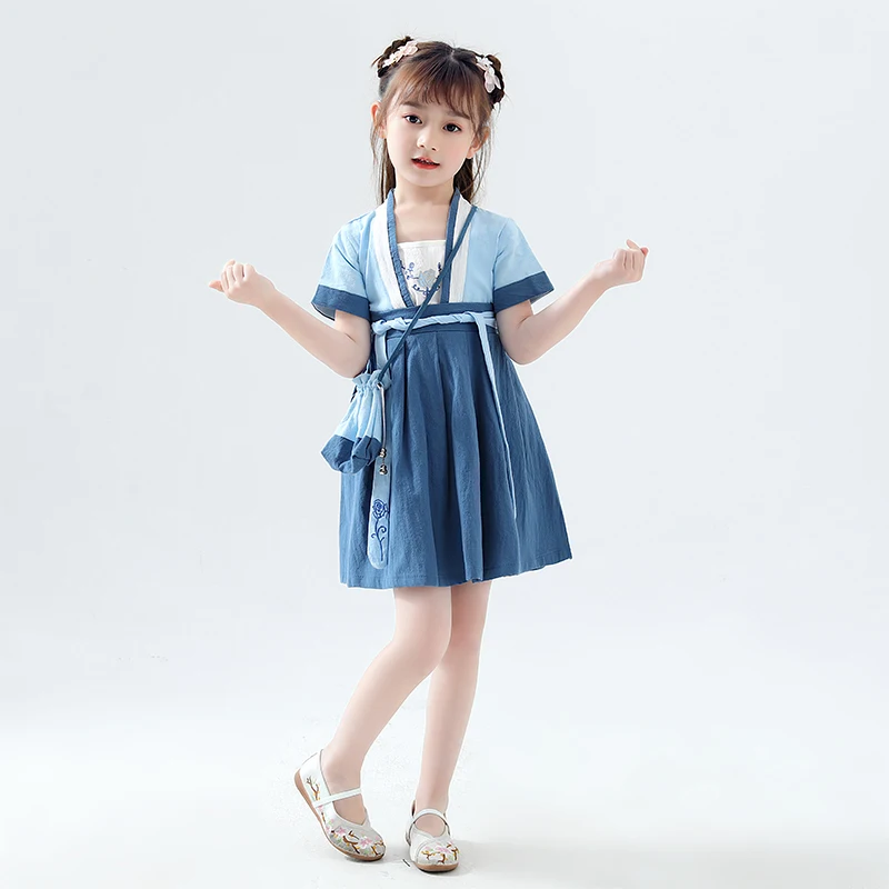 Chinese Style Blue Folk Dance Costume Kids Hanfu Clothes Girls Ancient And Traditional Tang Suit Wear DQL477 | Тематическая одежда