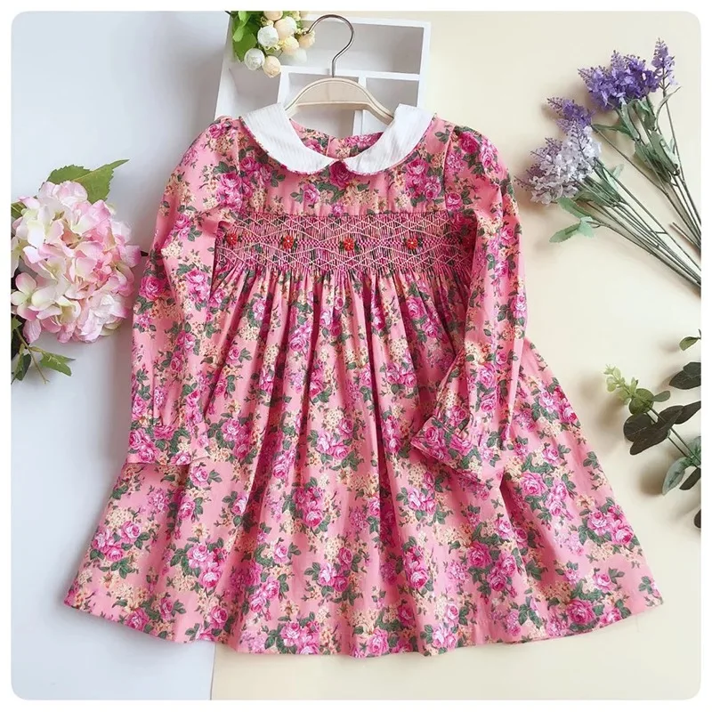 

2-8Y Boutique Autumn Winter Baby Girl Vintage Smoked Dot Dress England Preppy Style Cotton Princess Party Dress Pink, Blue
