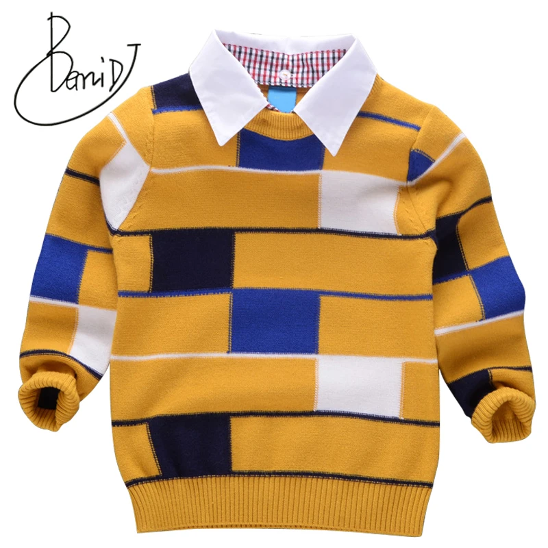 

2018 new Boys sweater Fake two pieces Children's Male baby Pullover sweater Coat autumn winter Top Turn-down Collar clothes