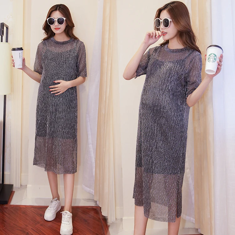 

2019 Summer Pregnant Women Dress Suits+straps Lining Short Sleeve O-neck Silver Maternity Dress Twinset Comfortable Clothes Set