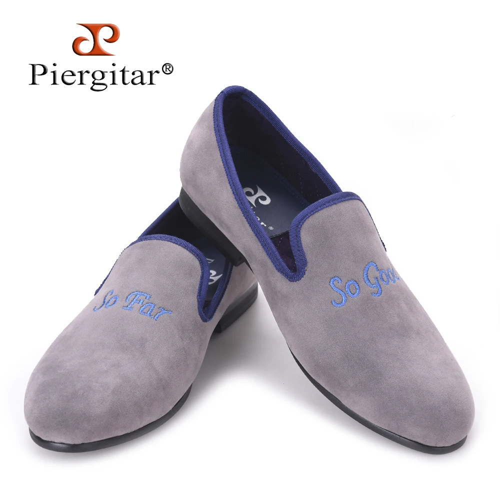 

Piergitar fashion Handmade men grey color velvet shoes embroidered different words prom and banquet Loafers men casual flats