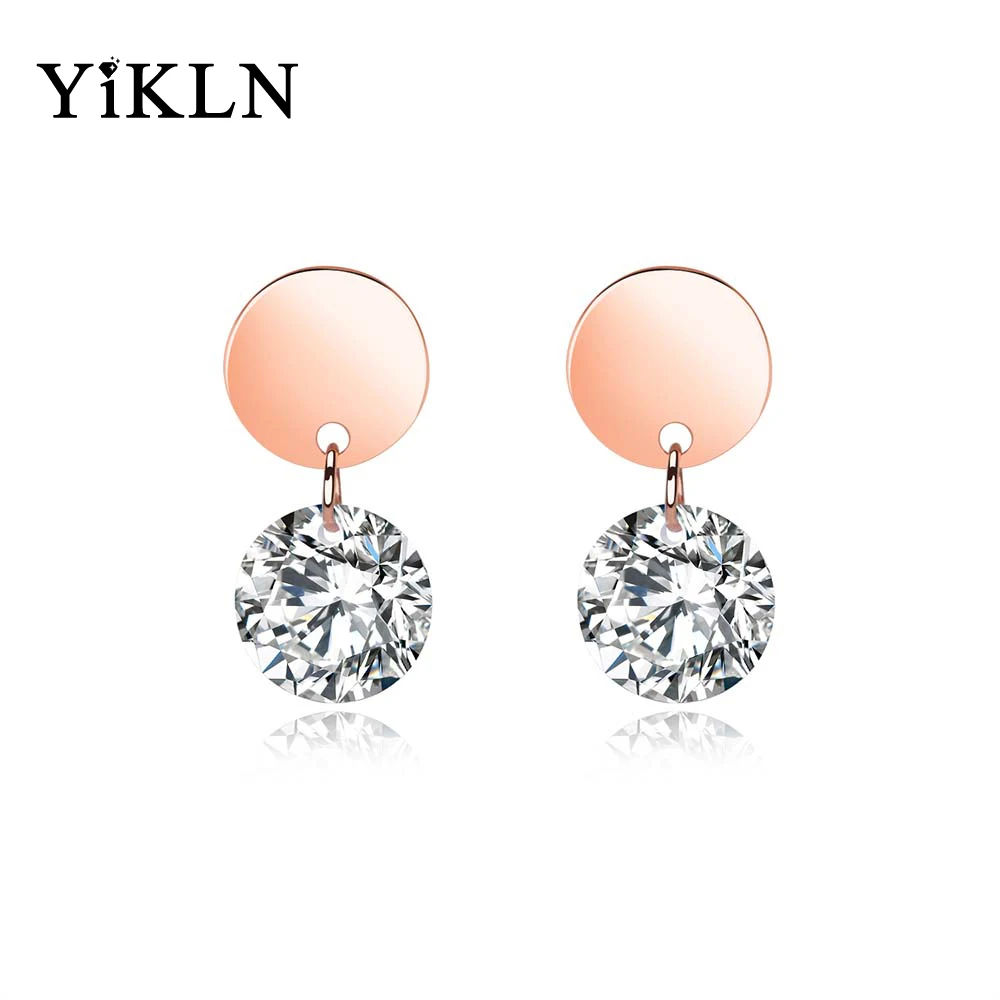 Модные серьги-гвоздики YiKLN из титановой стали розового золота, простые геометрические круглые серьги с кубическим цирконием, ювелирные изделия, серьги YE19154