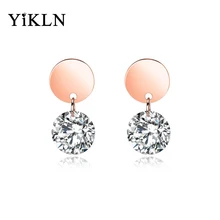 Модные серьги-гвоздики YiKLN из титановой стали розового золота, простые геометрические круглые серьги с кубическим цирконием, ювелирные изделия, серьги YE19154