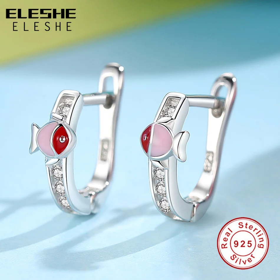 ELESHE Authentic 925 Sterling Silver Earrings AAA Zircon Crystal Red Enamel Fish Stud Earrings For Girls Kids Children Jewelry