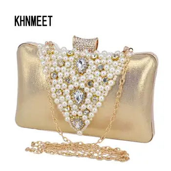 

Pu Fashion Pearl Clutch Bag Female Prom Bag Wedding Bride Gold Evening Bag Black Cheaper Crystal Chain Party Purse 9#
