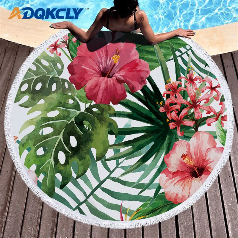 

ADQKCLY Fashion Large Round Beach Towel Toalla Tropical Green Leaf Microfiber Printed Bath Towel for Adults Children Beach Mat