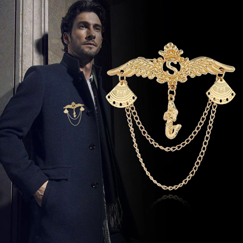 

i-Remiel High-End Angel Wings Men's Suit Brooch Badge Retro Brooches Chain Tassel Pin Women's Collar Pin Clothing Accessories