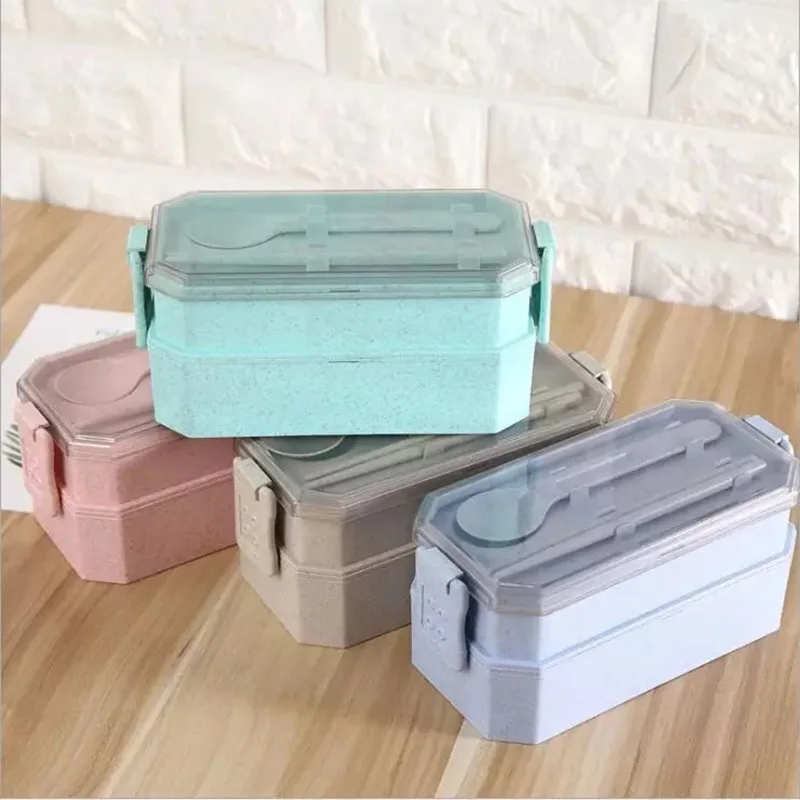 Пшеничная соломенная Ланч-бокс 2 слоя микроволновая печь Bento box Портативный Герметичный пищевой контейнер для детей или школы - Цвет: Blue