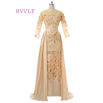 

Champagne Celebrity Dresses Sheath 3/4 Sleeves See Through Lace Flowers Detachable Long Evening Dresses Red Carpet Dresses