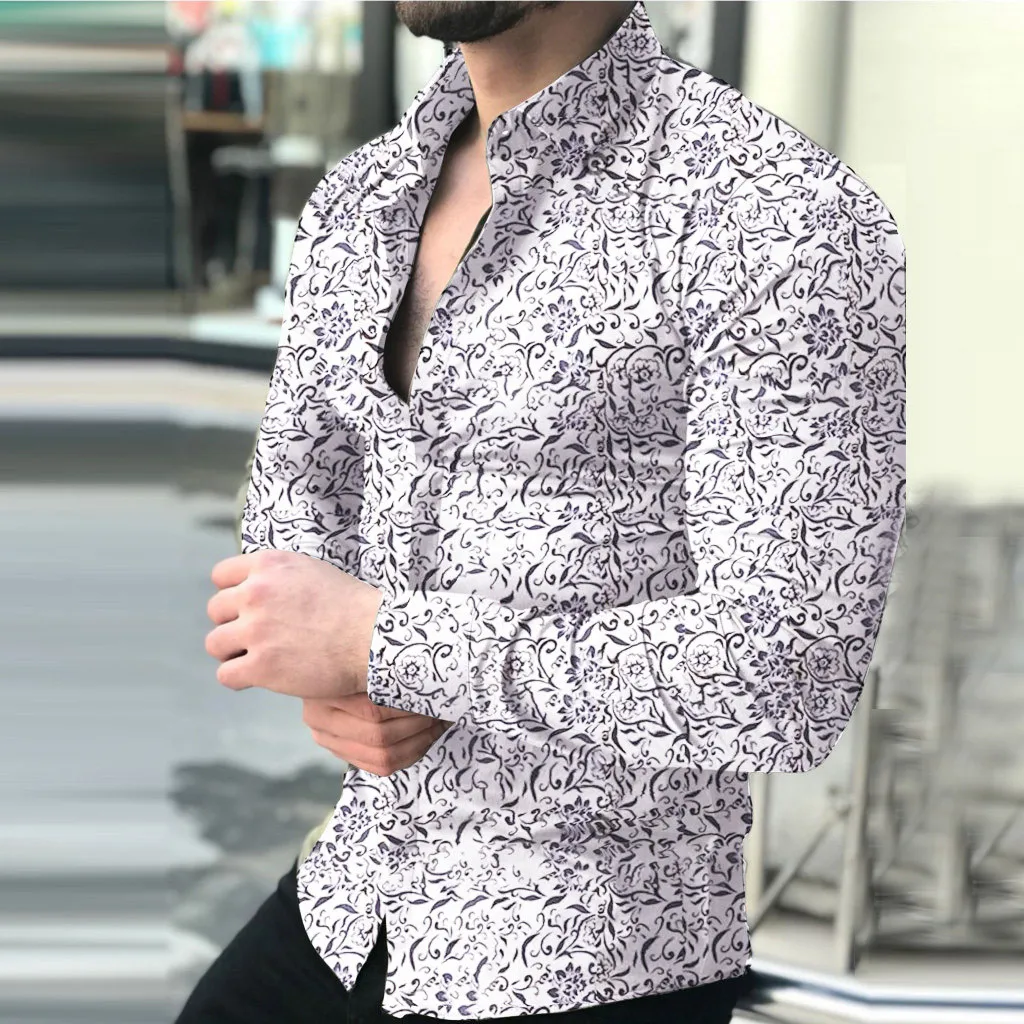 Модная мужская рубашка chemise Повседневная Удобная рубашка с цветочным принтом и длинным рукавом Сексуальная Кнопка рубашка уличная Топ Блузка Мужская camisas