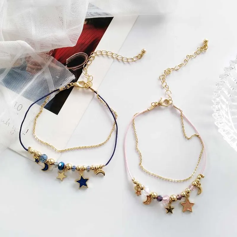 

Korean Simple Fashion Dream Stars Moon Pendant Bracelet Sweet Girl Temperament Double Crystal Bracelets Female Jewelry