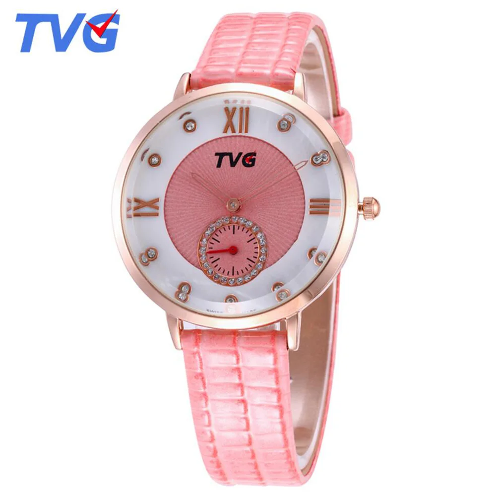

TVG Women Watch Luxury Brand Leather Strap Roman Display Watches Rhinestone Decoration Dial Ladies Wristwatches Reloj Mujer