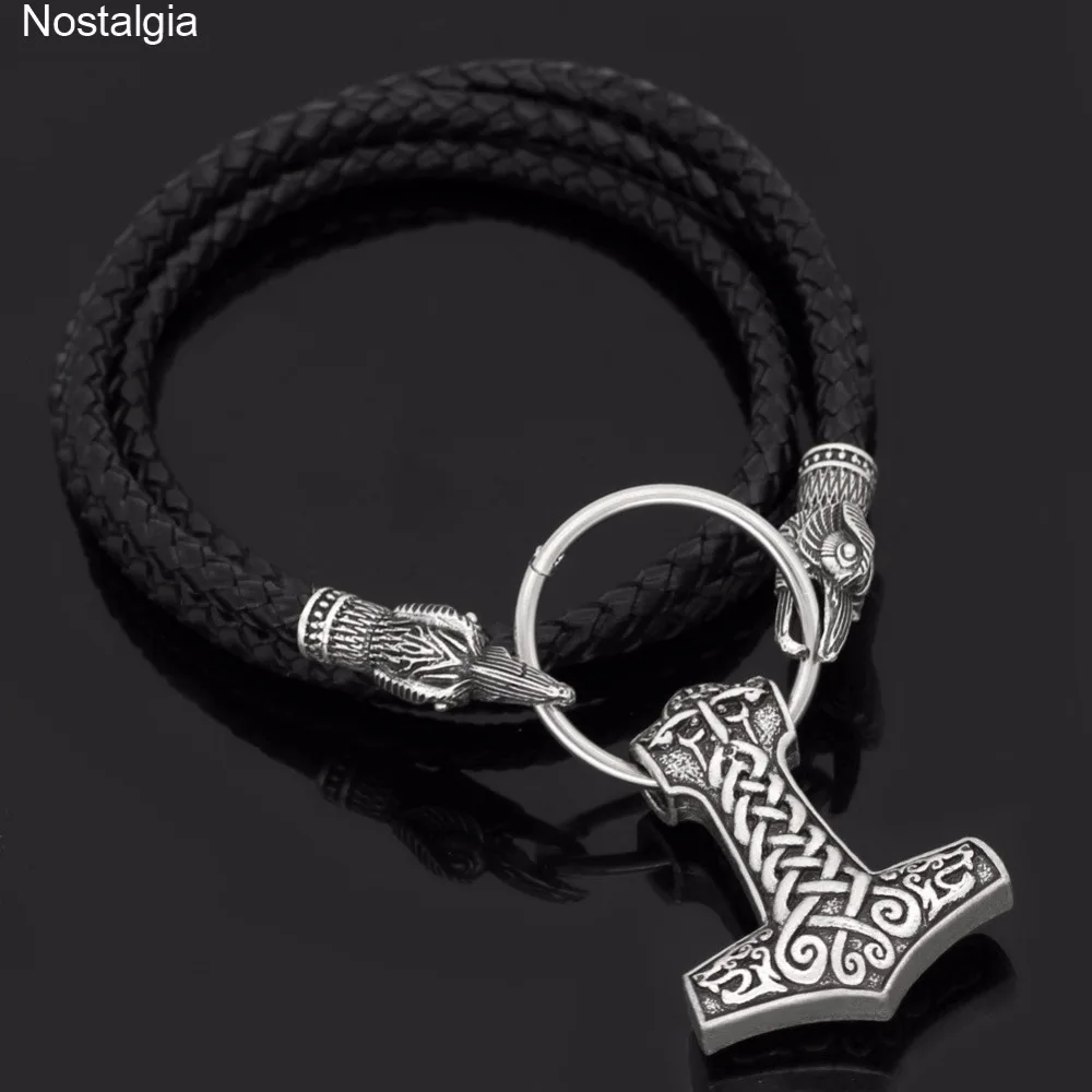 

Nostalgia Odin Mjolnir Viking Jewelry Raven Head Thor Hammer Leather Long Slavic Necklace Wicca Pagan Talisman Pendants