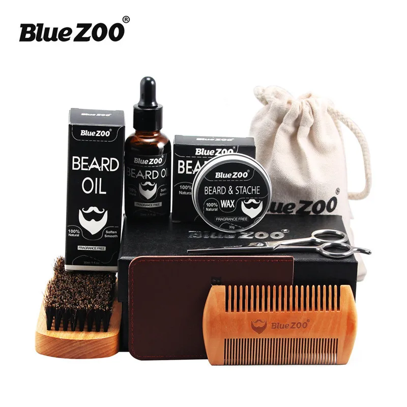 Preise Blau ZOO Männer Bart Pflege Set Bart wachs Bart öl Pinsel Kamm Schere Brieftasche Styling Gestaltung Feuchtigkeitsspendende Bart kit 7 stücke