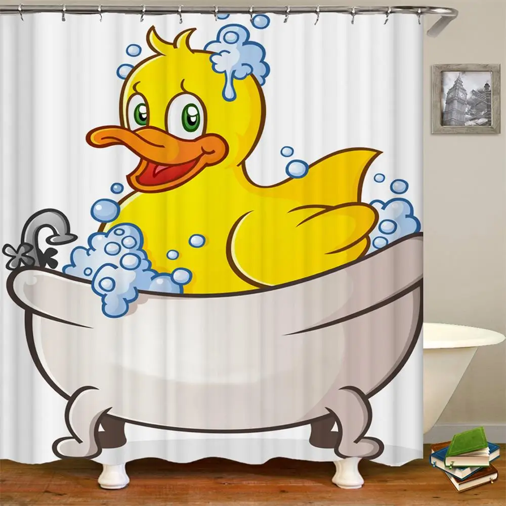 Kids Shower Curtain Yellow Rubber Duck Taking Bubble Bath in Bathtub ...