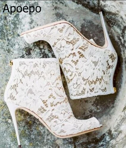 Lace Design Spring Winter Wedding Women Peep Toe Zipper Shoes Solid White Red Thin High Heels Sweet Fretwork Ankle Boots Women Women's Shoes