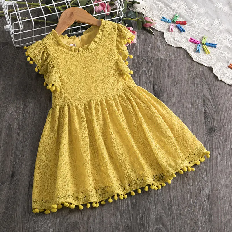 Платье с цветочным узором для девочек; Детские платья-пачки с вышивкой для девочек; сетчатые вечерние платья принцессы для маленьких девочек; Летнее бальное платье; однотонные кружевные платья - Цвет: Yellow 4
