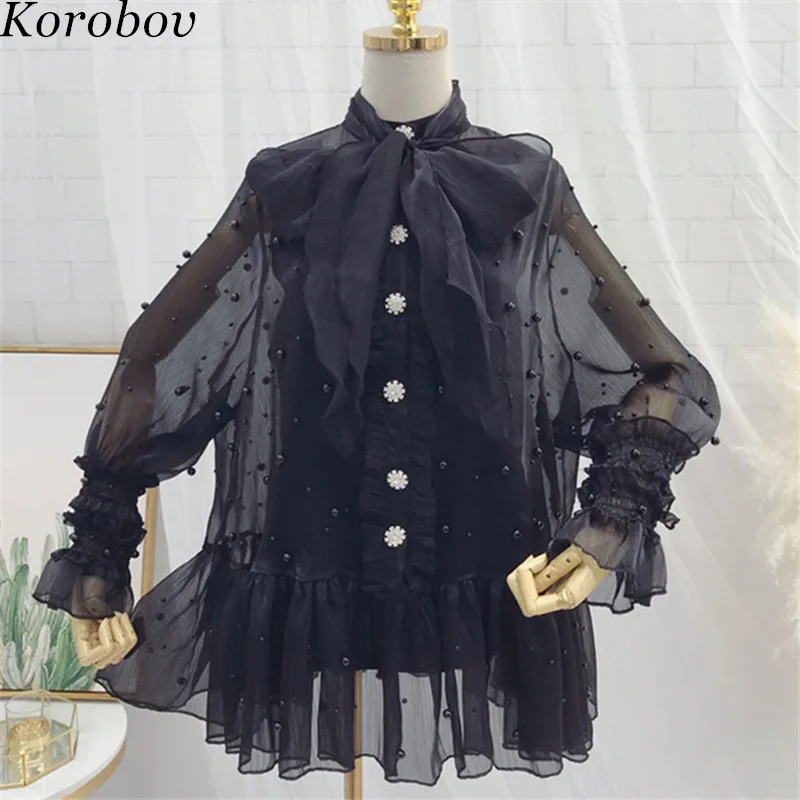 

Korobov 2019 New Ruffles O-Neck Blusas Mesh Perspective Pearls Blouse Flare Sleeve Korean Lacing Bow Elegant Shirt Tops 76758