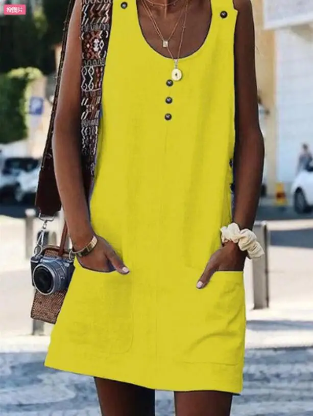 

Women Casual Loose Dress Button Vest Tank Solid Beach Boho Splice Pocket Befree Dress Plus Sizes Summer Dresses Robe Femme 2019