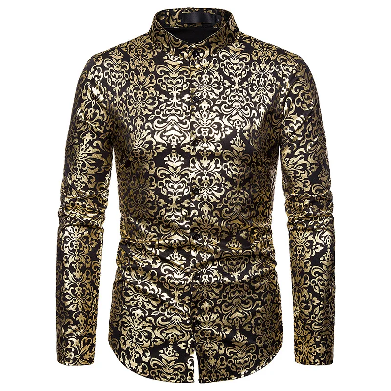 Shiny Gold Floral Print Mens Shirts Casual Slim Fit Long Sleeve Mandarin Collar Shirt Men Club Party Bronzing White Shirt Camisa