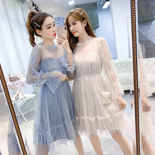 

Spring 2019 New Women's Dresses Korean Edition Temperament Boudoir Sequin Screen in Long-style Tie-in Dresses