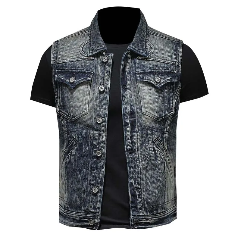 

Hot NEW Men Denim Vest Hole Sleeveless Jean Jacket Casual Male Jeans Waistcoat Single Breasted Plus Size 3XL