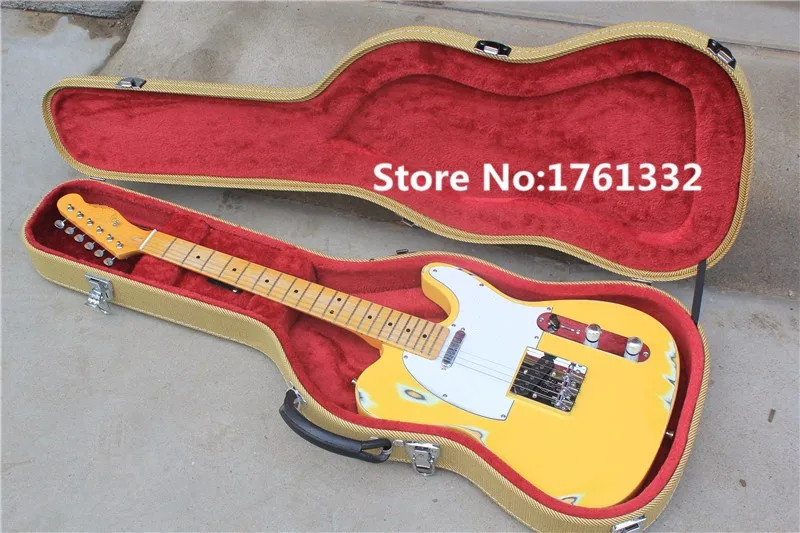 Factory custom light yellow body retro body electric guitar with hardcase,maple fingerboard,white pickguard,can be cusomized