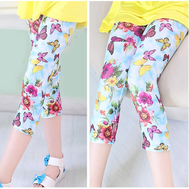 Эластичные леггинсы для девочек Блестящие Брюки для девочек, узкие детские брюки детские спортивные штаны с цветочным принтом летняя одежда для детей от 3 до 10 лет